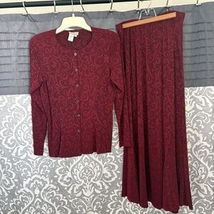 Y2K 90s Coldwater Creek Red Burgundy Set 2 Piece Maxi Skirt Blazer Women Medium
